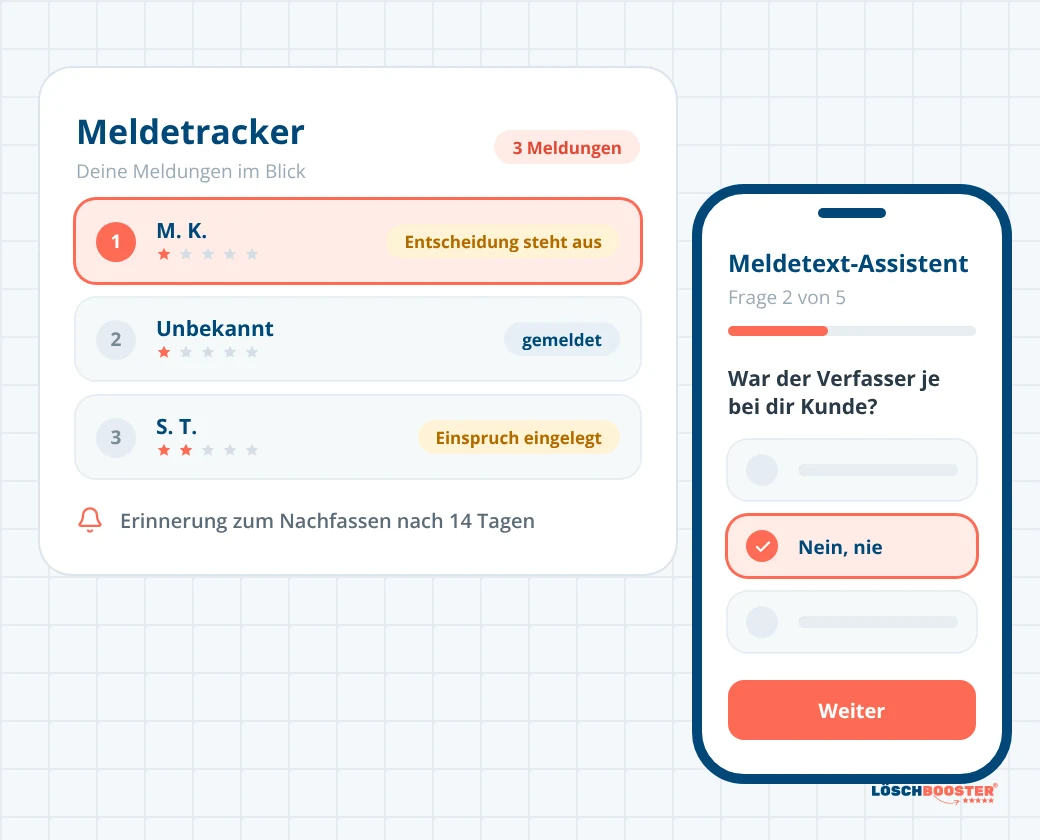 Meldetracker mit drei Meldungen und Smartphone mit dem Meldetext-Assistenten
